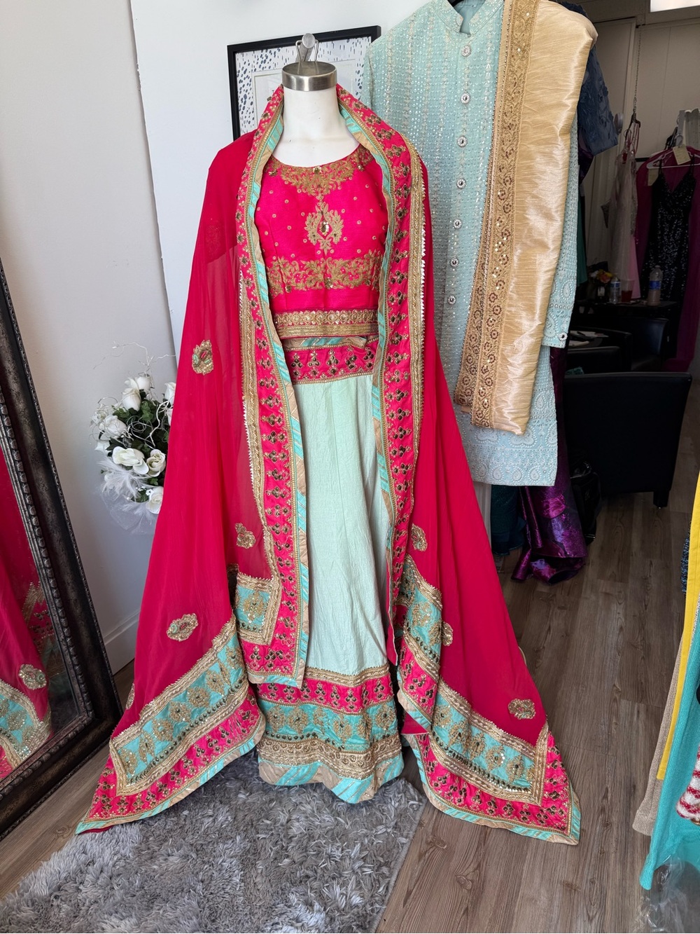 Traditional Women's Pink and Aqua Embroidered Lehenga Dress